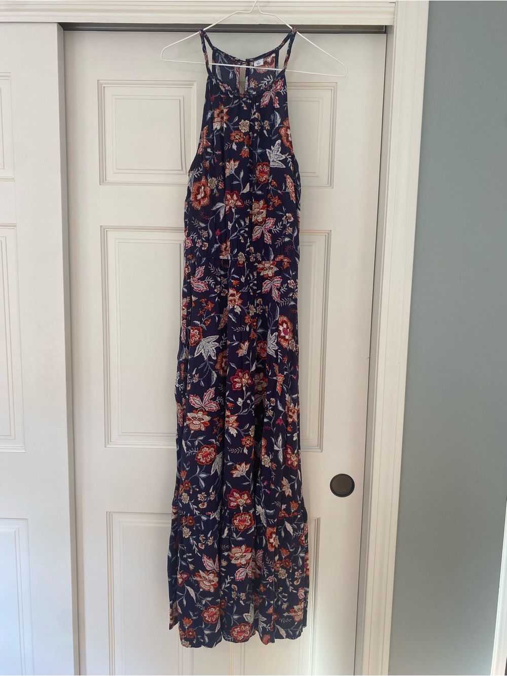 Old Navy Navy Floral Halter Maxi Dress with Red and Cream Blooms